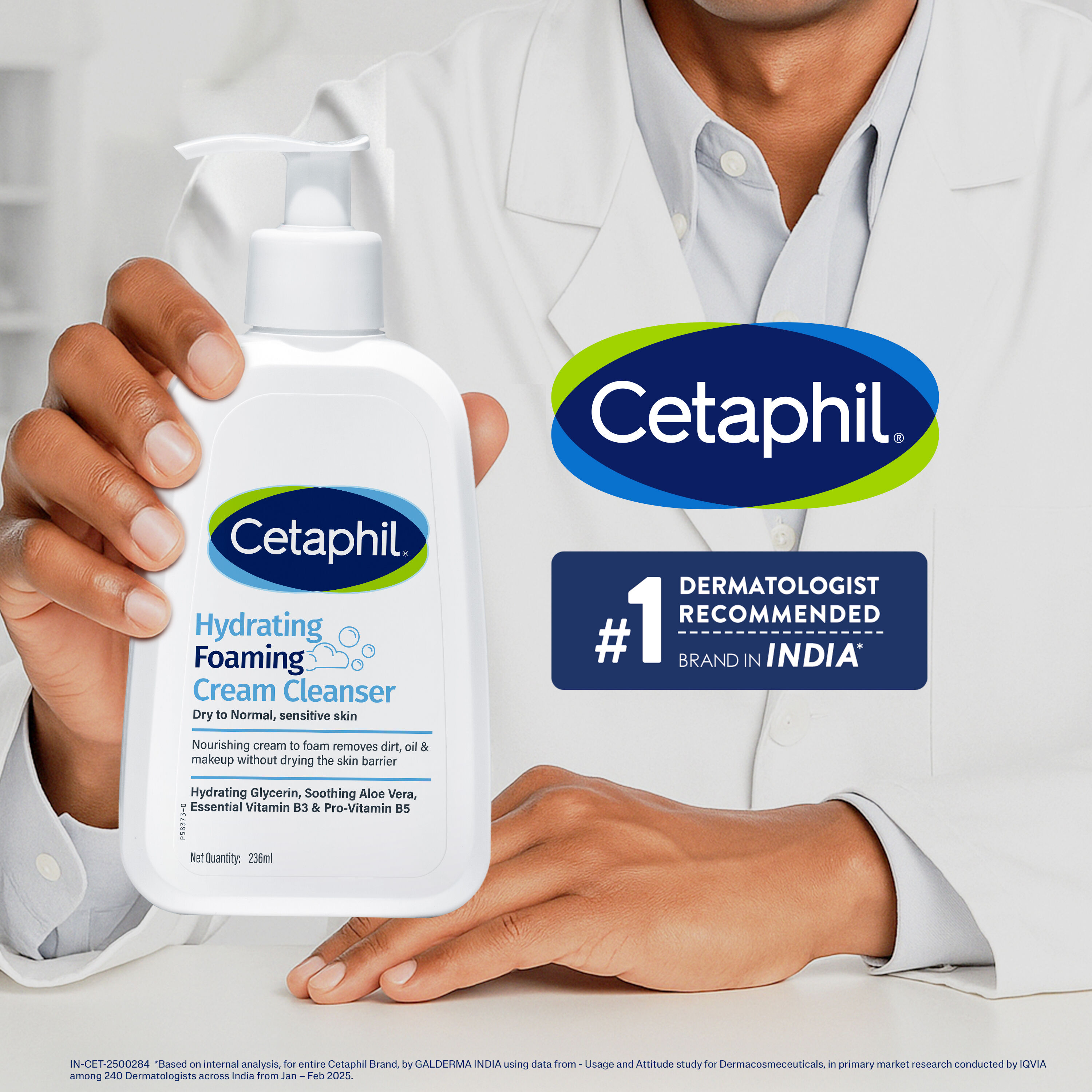 Cetaphil Hydrating Foaming Cream Cleanser 236 ml for Dry to Normal Sensitive Skin with Niacinamide, Aloevera and Glycerin