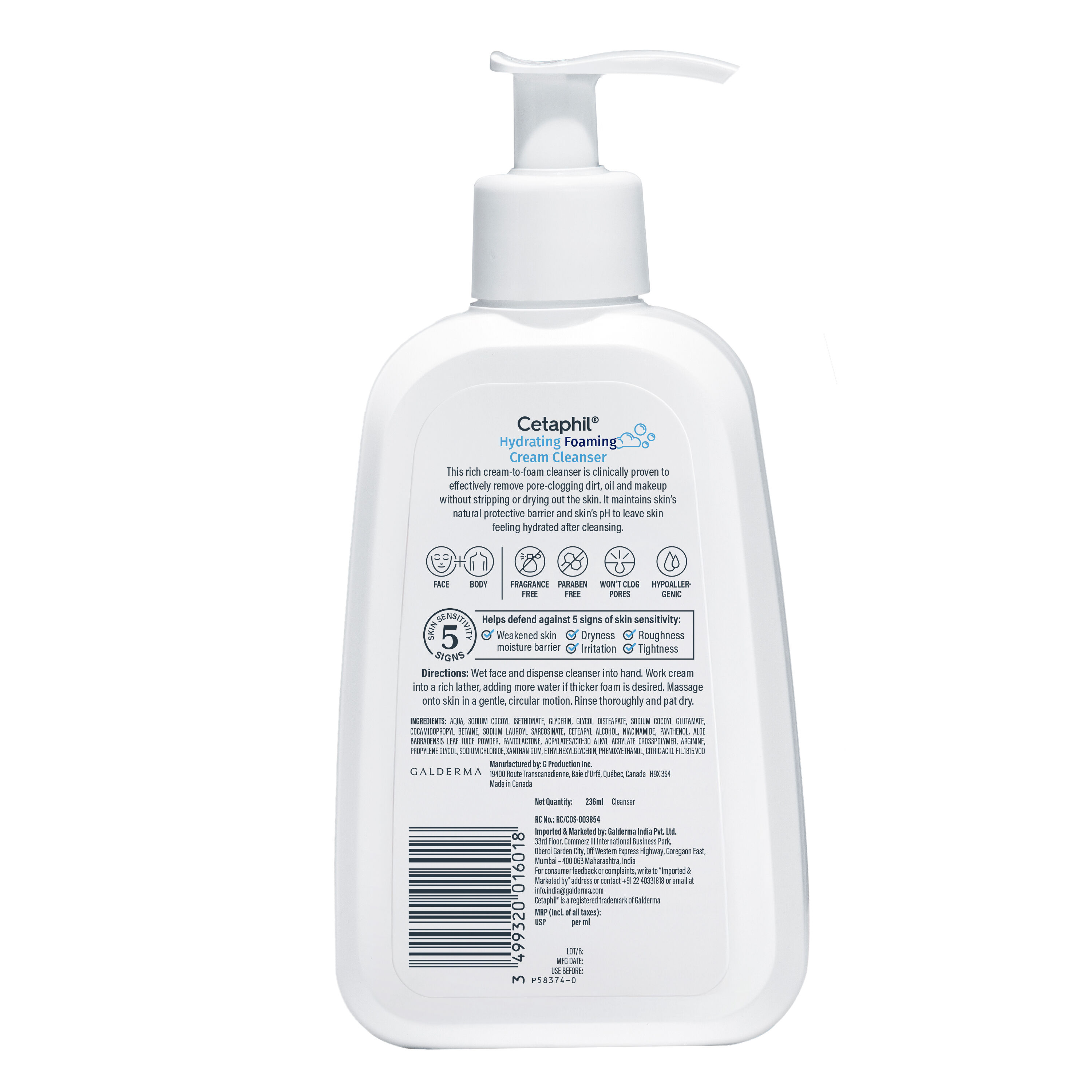 Cetaphil Hydrating Foaming Cream Cleanser 236 ml for Dry to Normal Sensitive Skin with Niacinamide, Aloevera and Glycerin